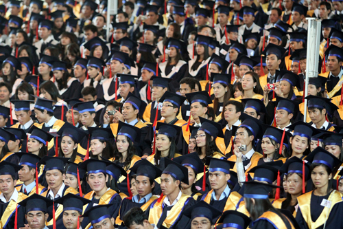 Students from the Royal University of Phnom Penh attend a graduation ceremony. A UN report has highlighted concerns over Cambodian graduates’ place in ASEAN. Photograph: Sovan Philong/Phnom Penh Post