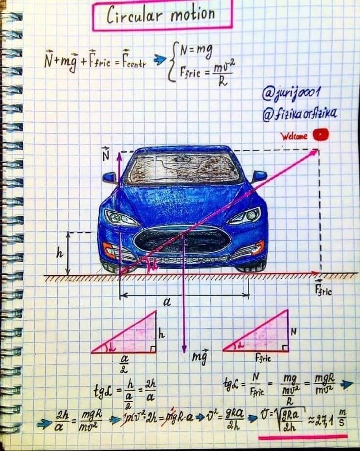 ចលនាជារង្វង់ (Circular motion) – hand-drawn physics notebook page by Yuri Kovalenok