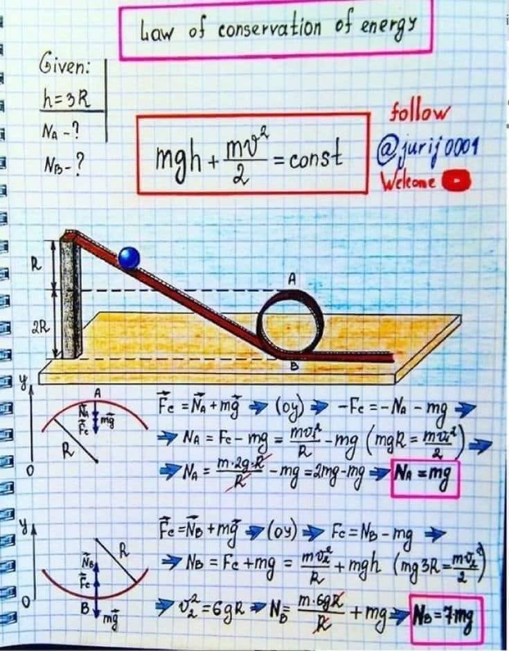 ច្បាប់រក្សាថាមពល (Conservation of energy) – hand-drawn physics notebook page by Yuri Kovalenok