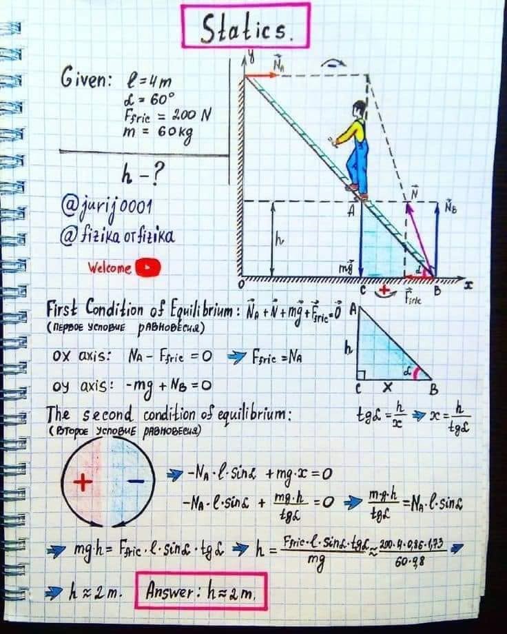 ស្តាទិច (Statics) – hand-drawn physics notebook page by Yuri Kovalenok