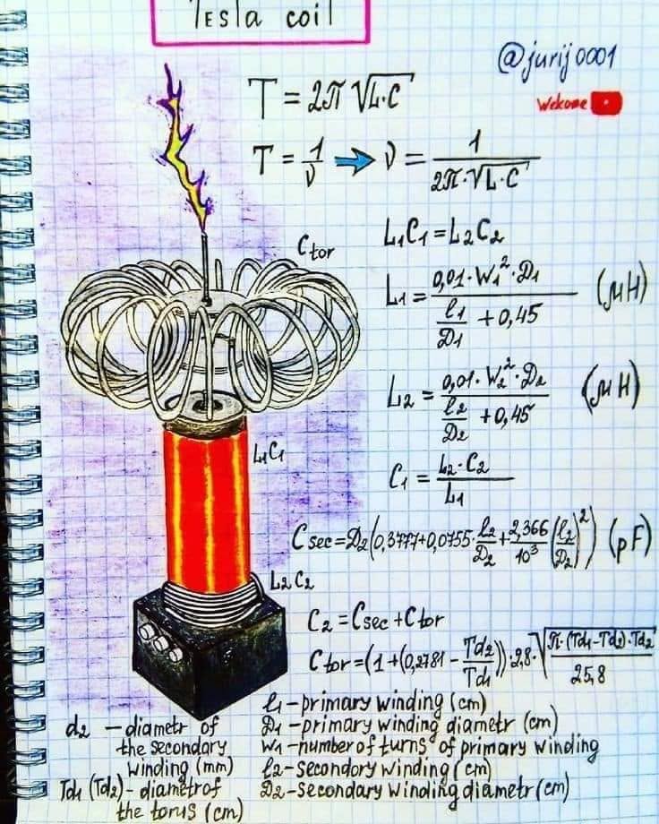 របុំតេស្លា (Tesla coil) – hand-drawn physics notebook page by Yuri Kovalenok