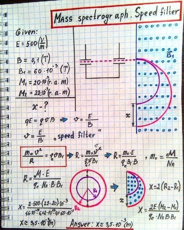 ស្ពិចត្រូក្រាហ្វម៉ាស (Mass spectrograph) – hand-drawn physics notebook page by Yuri Kovalenok